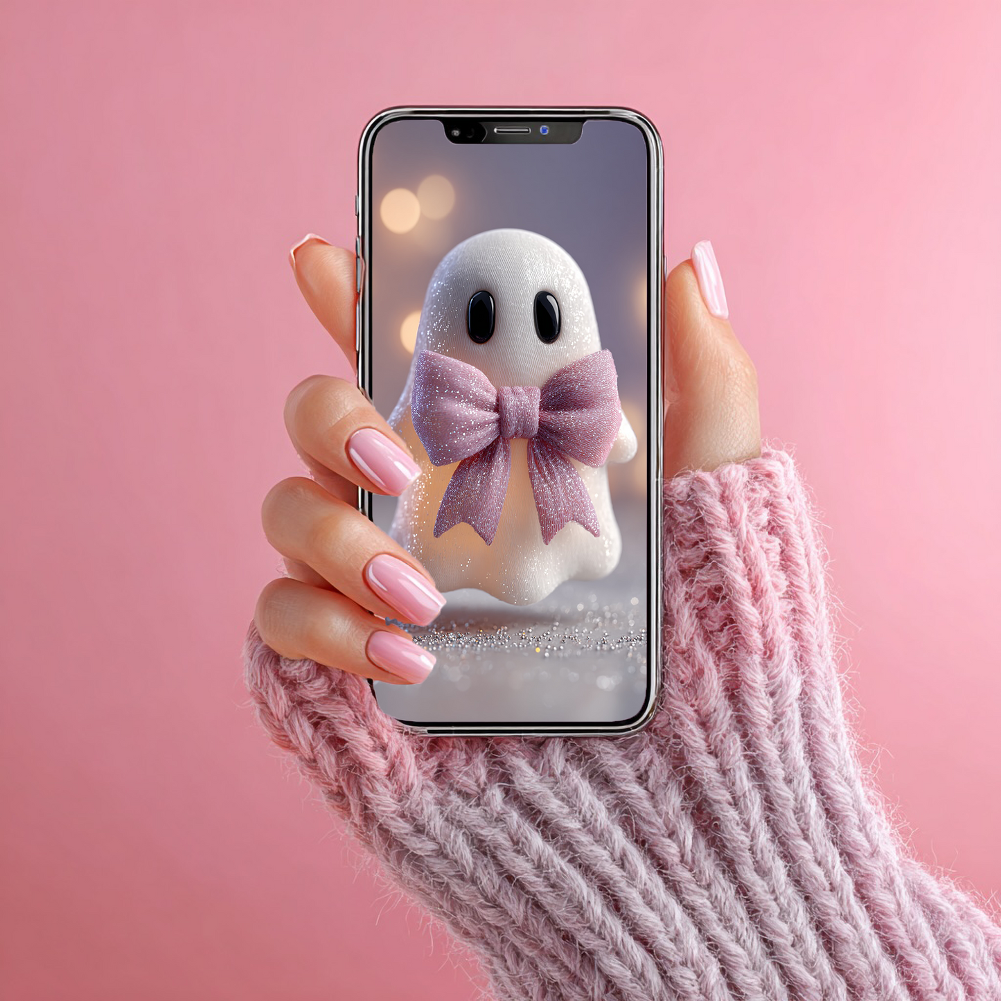 Kawaii-Geist mit rosa Schleife | Digitales Handy-Wallpaper