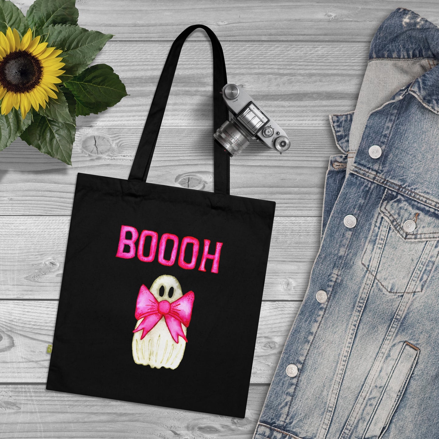 Bio Baumwolltasche mit Geistermuster | Halloween Tote Bag | Lustige Stofftasche mit pinken Schleifen | Nachhaltiges Geschenk für Herbst
