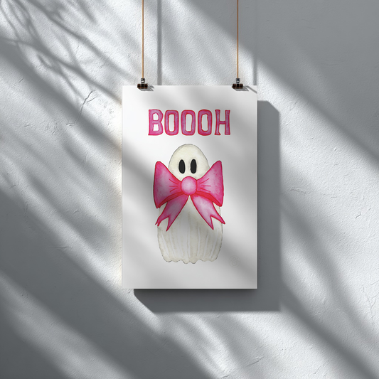 🎀 Boooh! – Süßes Geist-Artprint mit rosa Schleife | Print on Demand