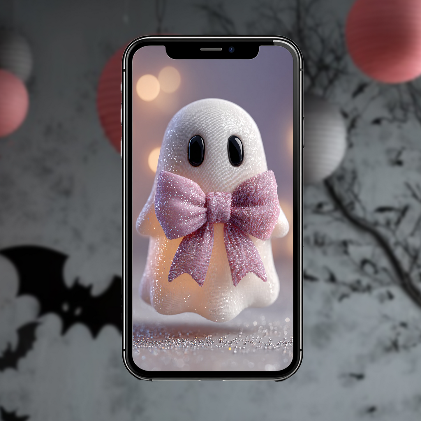 Kawaii-Geist mit rosa Schleife | Digitales Handy-Wallpaper