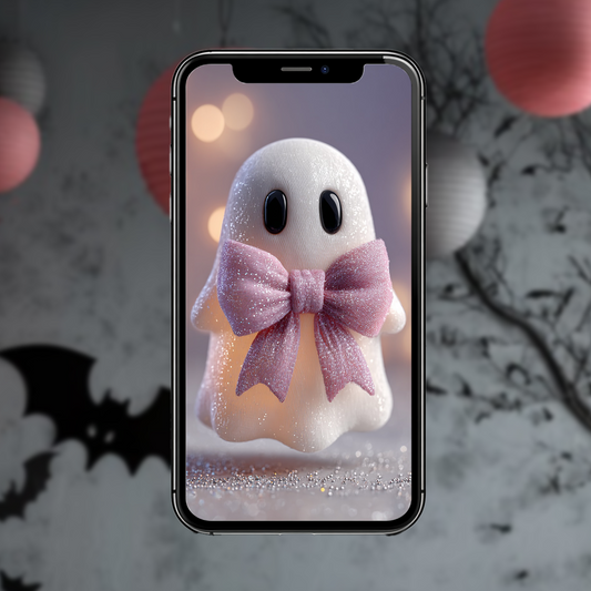Kawaii-Geist mit rosa Schleife | Digitales Handy-Wallpaper