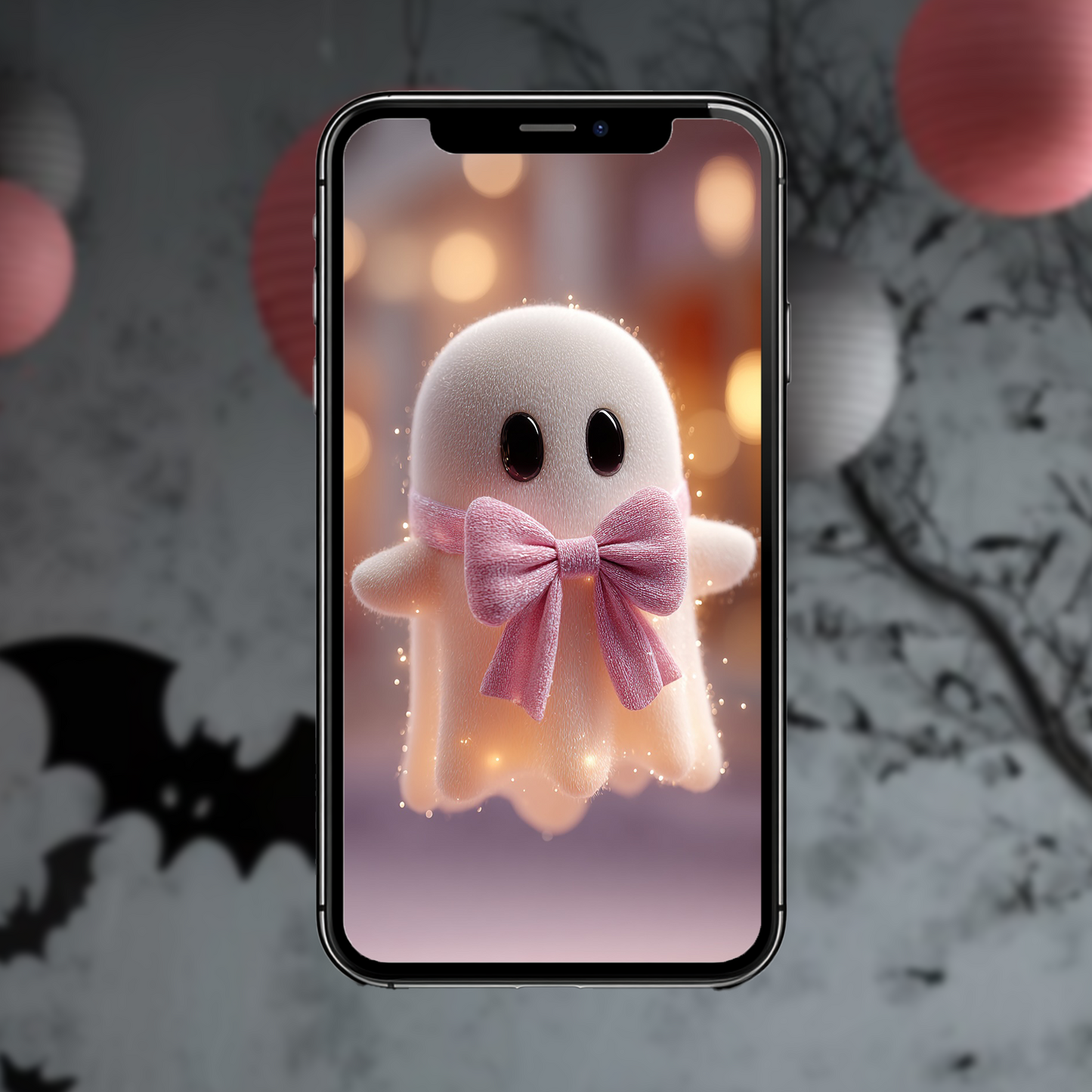 Kawaii-Geist mit rosa Schleife | Digitales Handy-Wallpaper