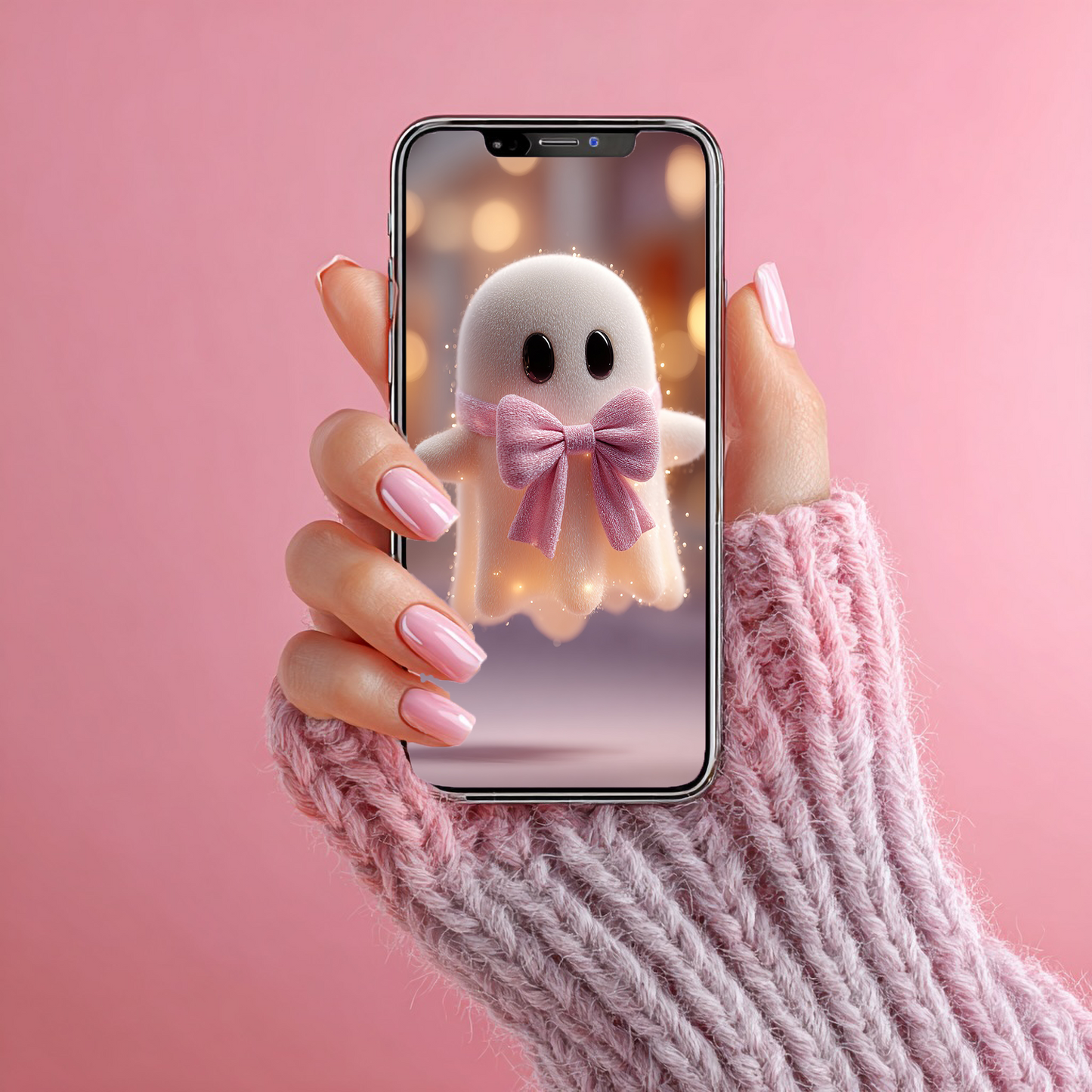 Kawaii-Geist mit rosa Schleife | Digitales Handy-Wallpaper