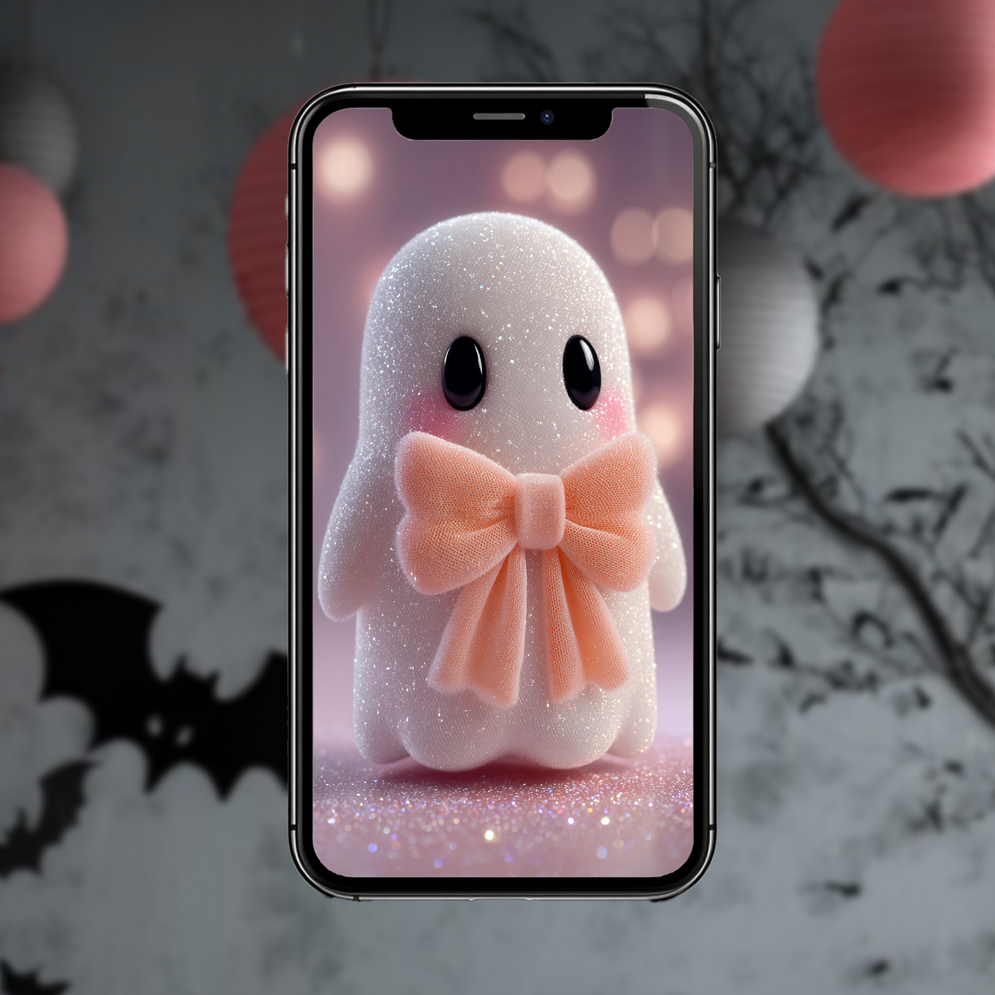 Kawaii-Geist mit rosa Schleife | Digitales Handy-Wallpaper