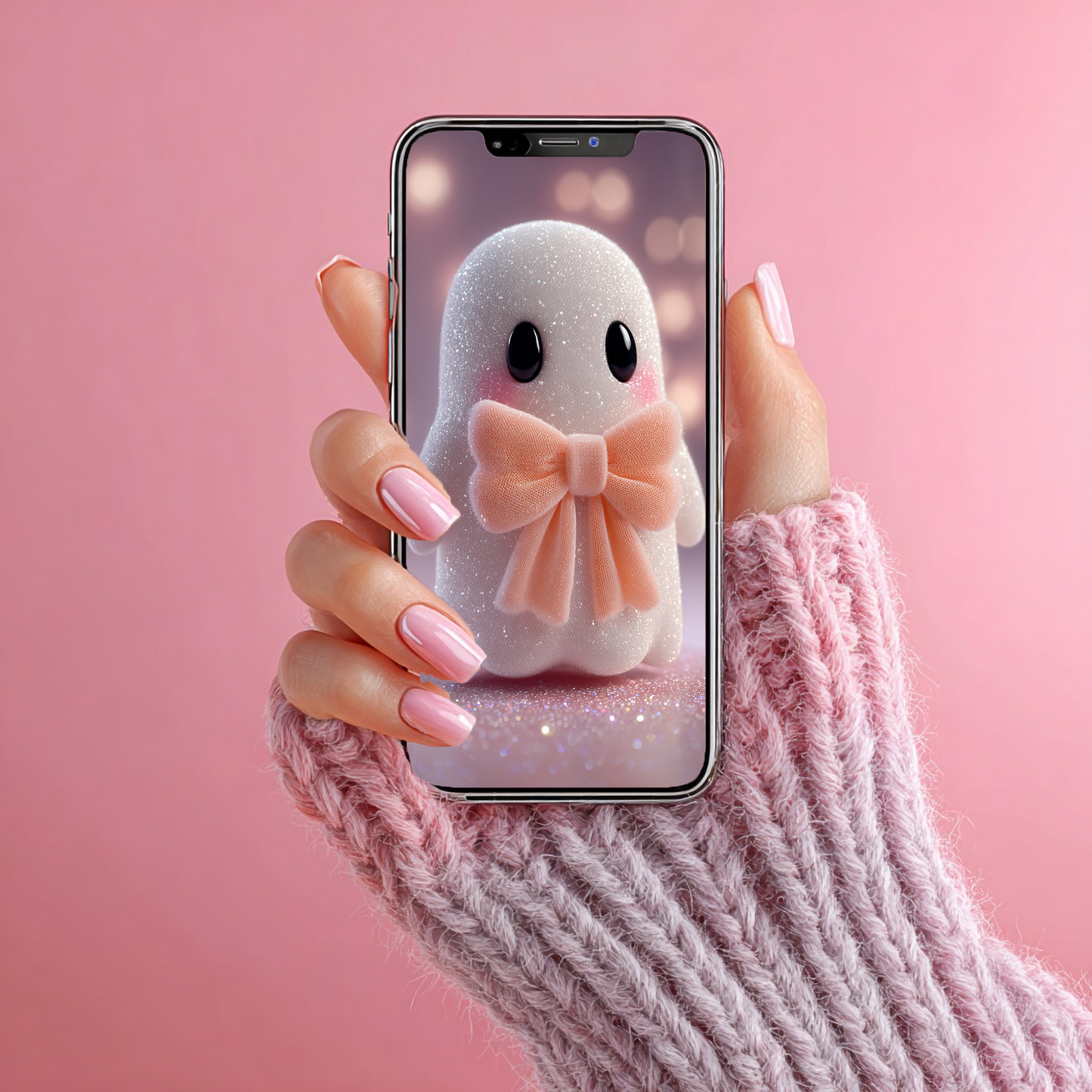 Kawaii-Geist mit rosa Schleife | Digitales Handy-Wallpaper
