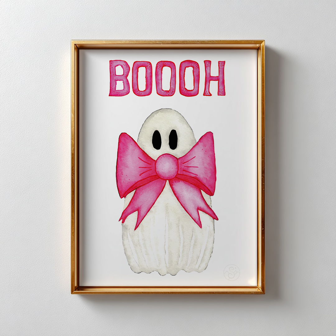 🎀 Boooh! – Süßes Geist-Artprint mit rosa Schleife | Print on Demand