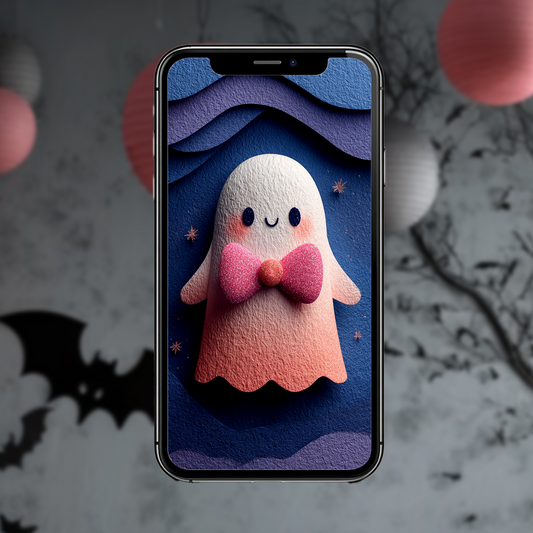 Geist mit pinker Glitzerschleife | Digitales Handy-Wallpaper