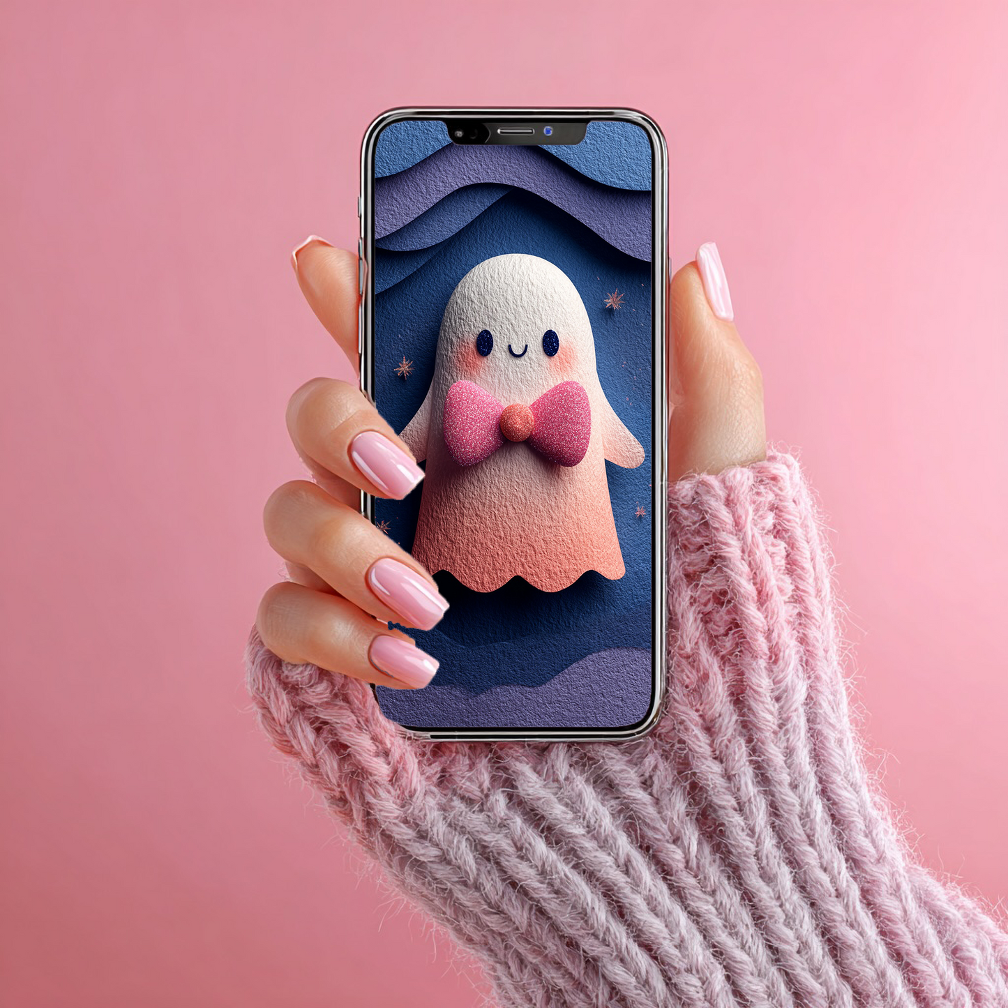 Geist mit pinker Glitzerschleife | Digitales Handy-Wallpaper
