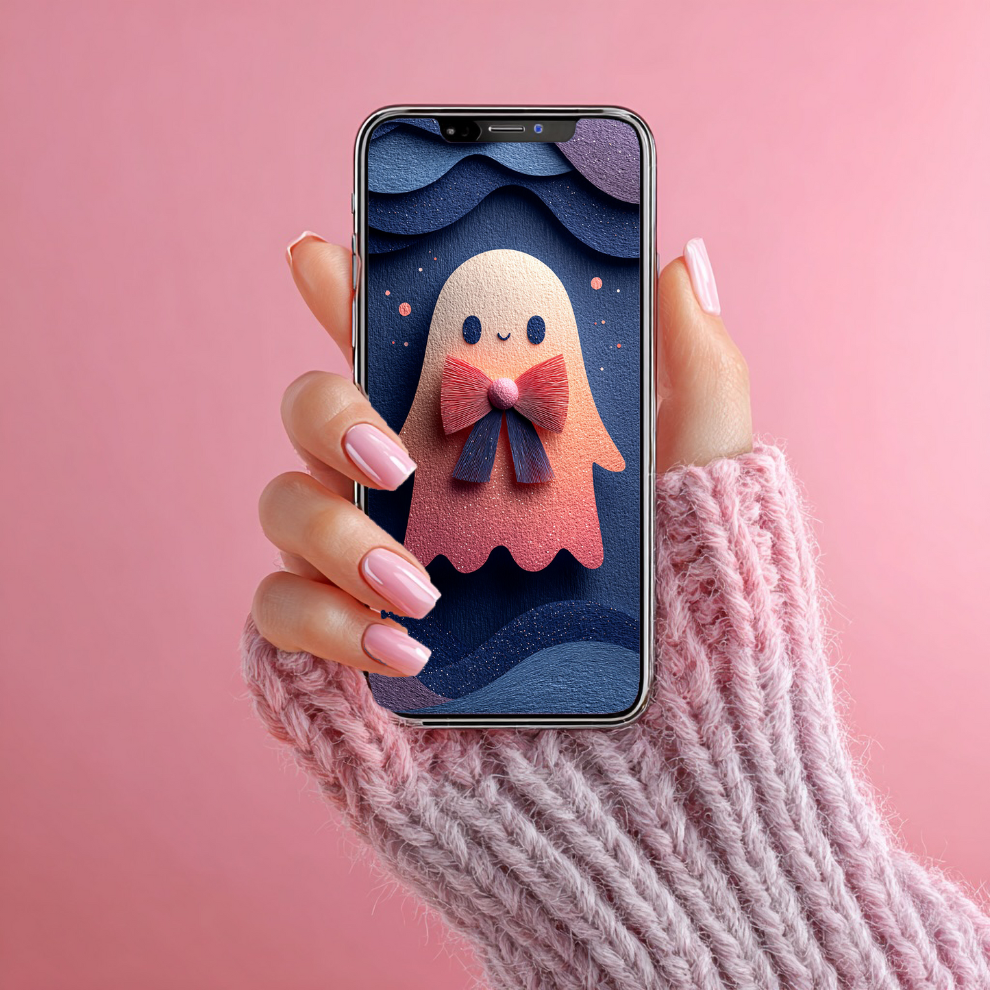 Geist mit pinker Glitzerschleife | Digitales Handy-Wallpaper (nur privater Gebrauch)