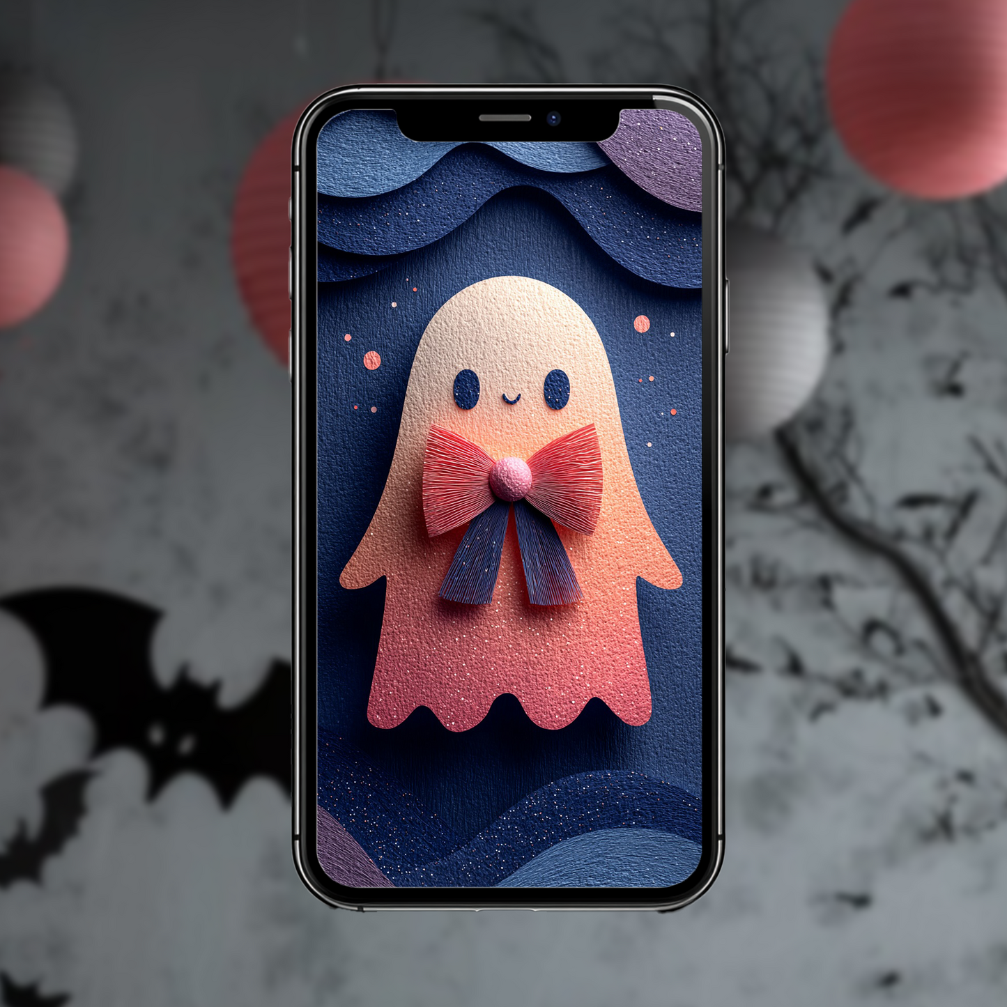 Geist mit pinker Glitzerschleife | Digitales Handy-Wallpaper (nur privater Gebrauch)