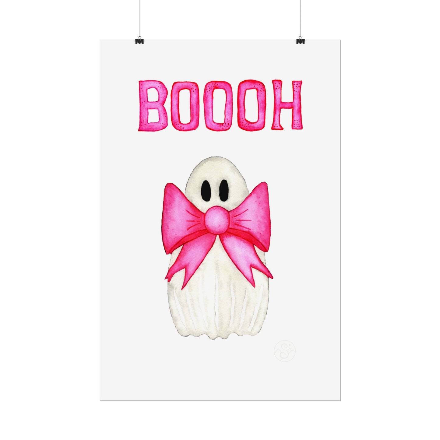 🎀 Boooh! – Cute ghost art print with pink bow | Print on Demand
