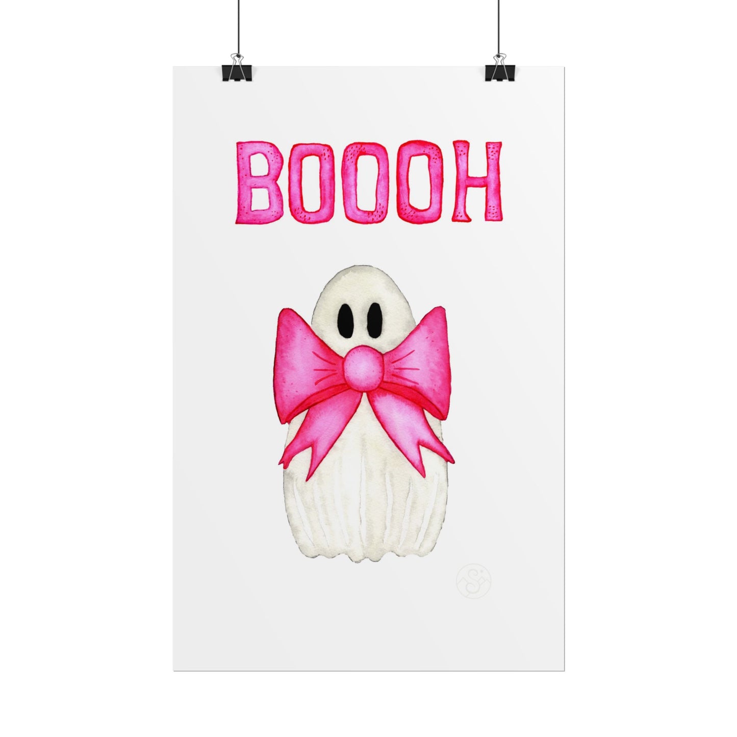 🎀 Boooh! – Cute ghost art print with pink bow | Print on Demand