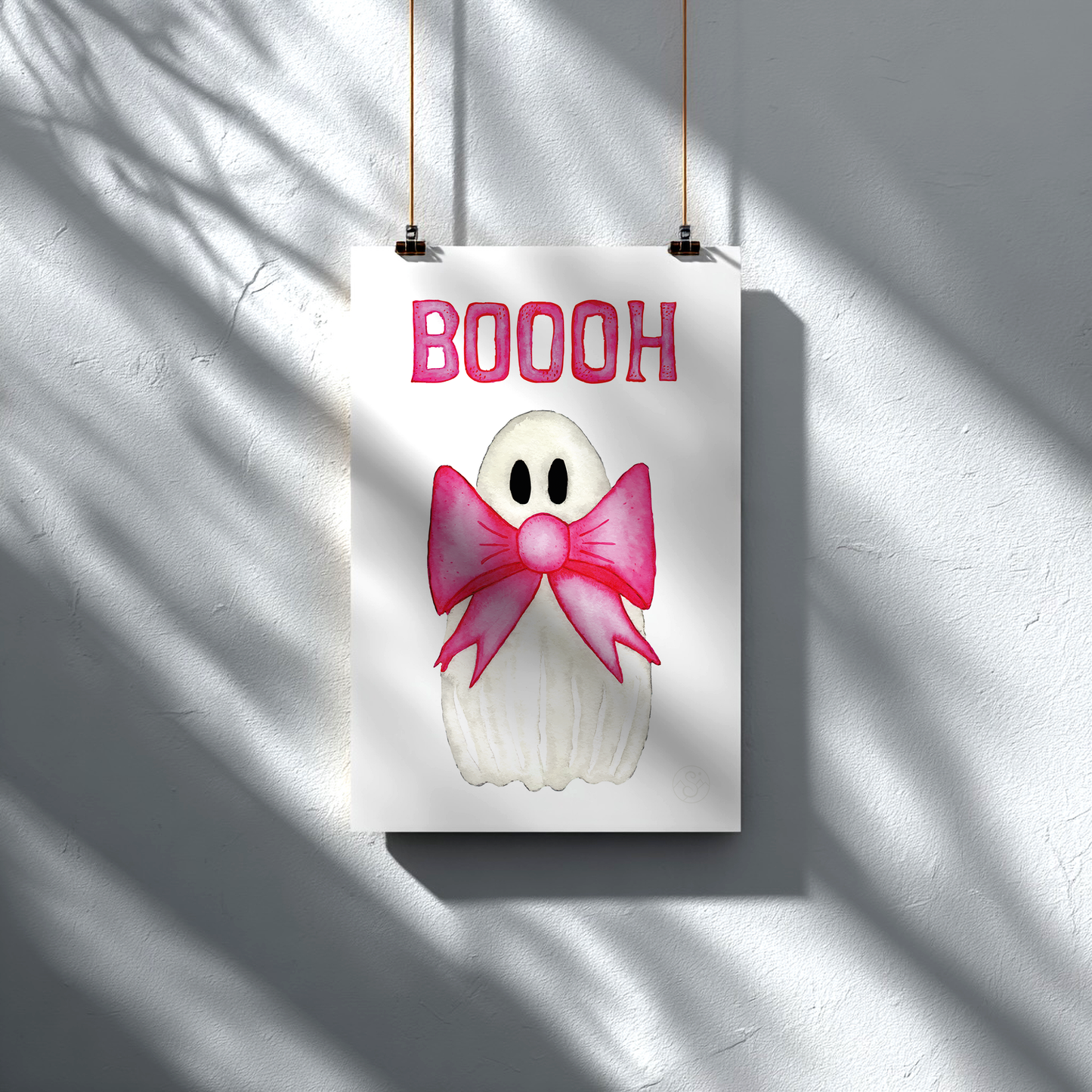 🎀 Boooh! – Cute ghost art print with pink bow | Print on Demand