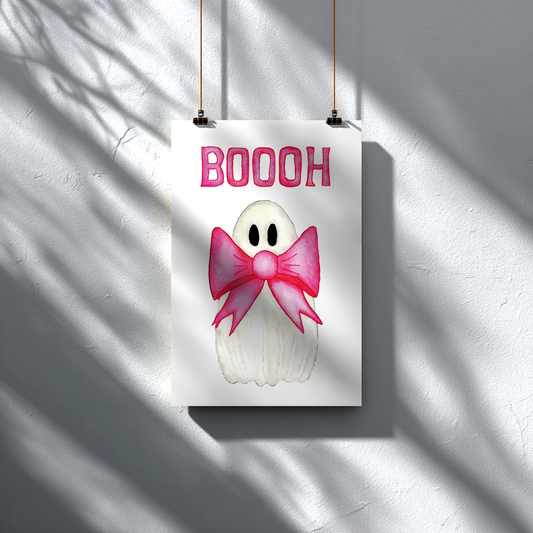 🎀 Boooh! – Cute ghost art print with pink bow | Print on Demand