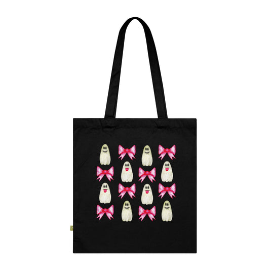 BOOOH Bio Baumwolltasche | Halloween Tote Bag | Nachhaltige Einkaufstasche mit süßem Geist & pinker Schleife | Geschenkidee Herbst