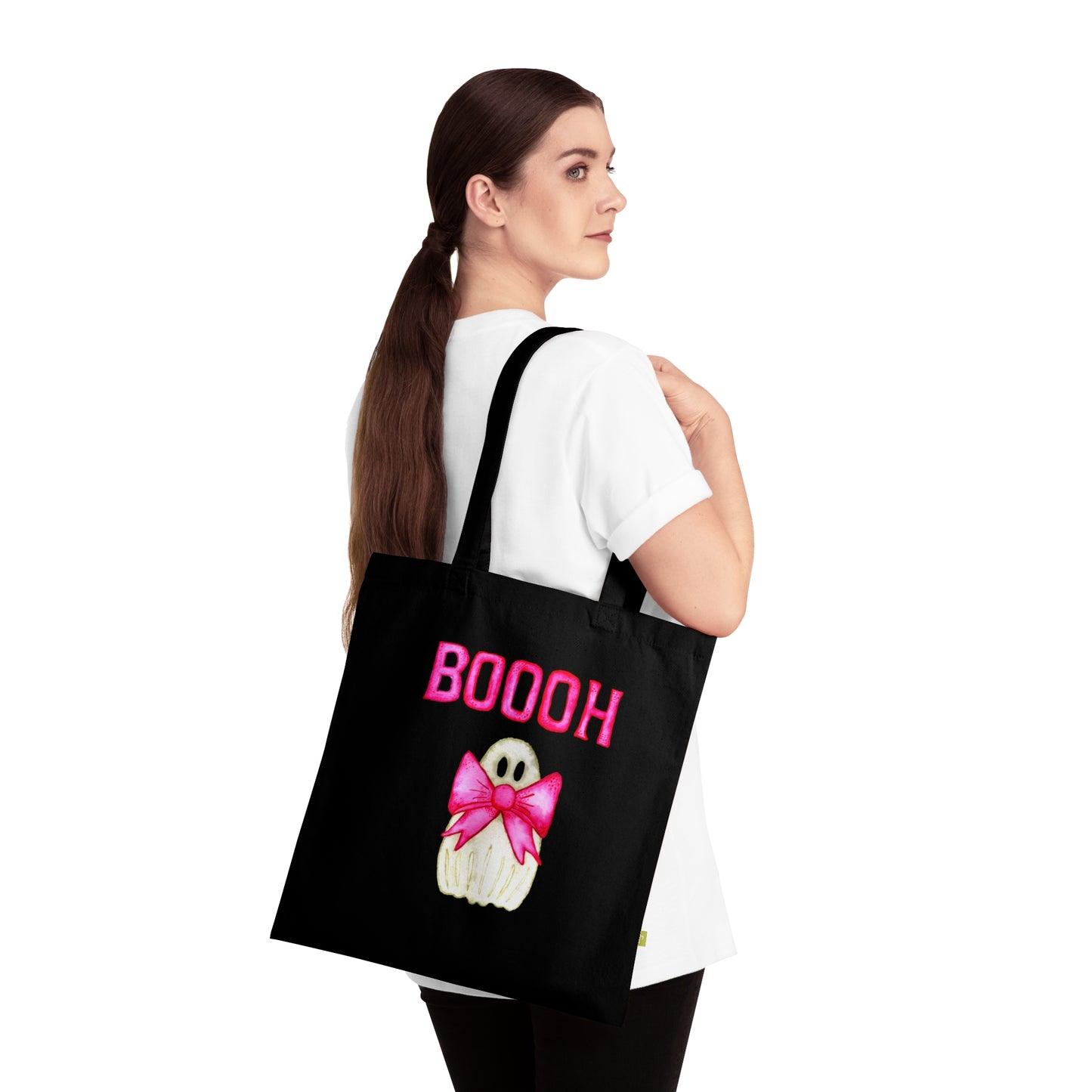 Bio Baumwolltasche mit Geistermuster | Halloween Tote Bag | Lustige Stofftasche mit pinken Schleifen | Nachhaltiges Geschenk für Herbst