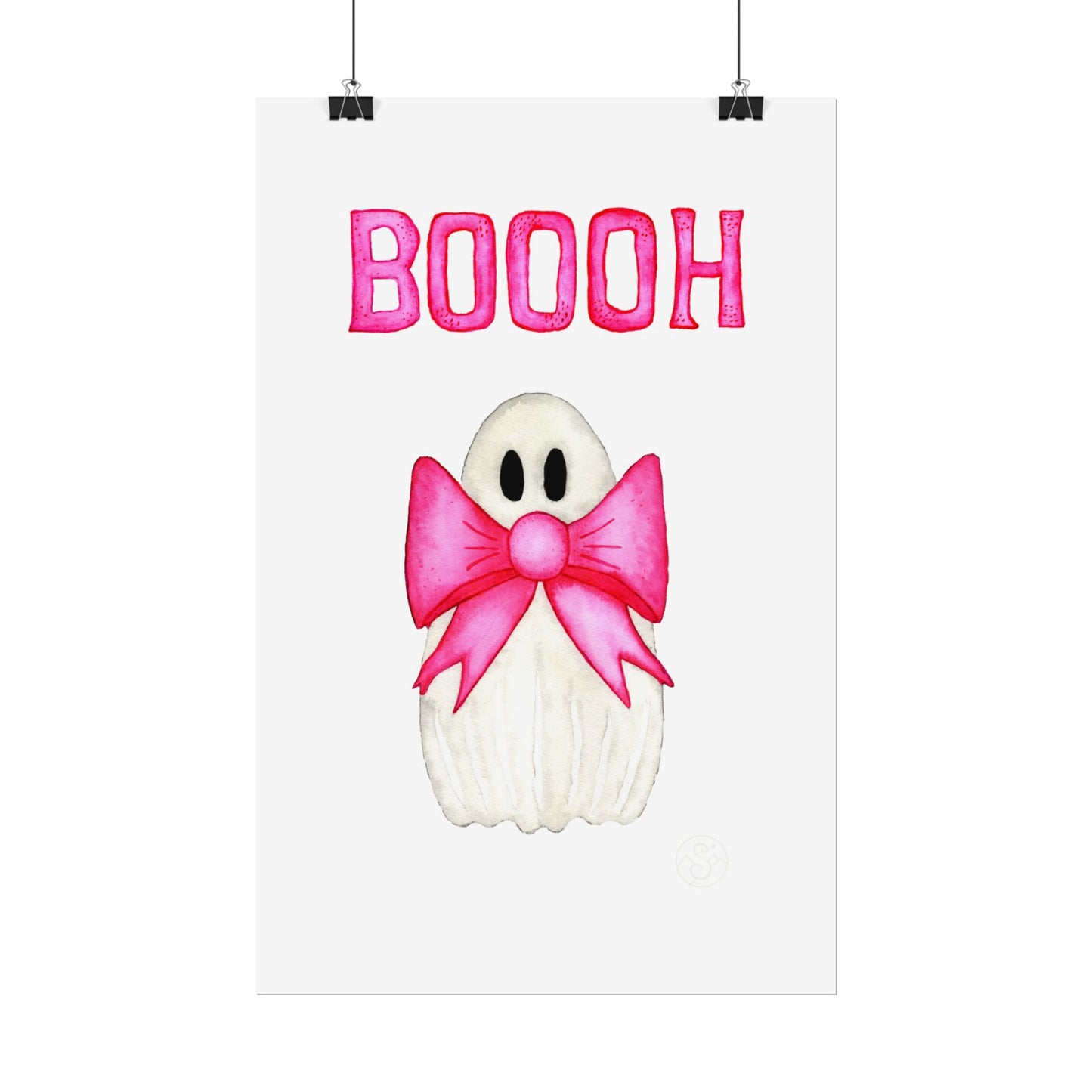 🎀 Boooh! – Cute ghost art print with pink bow | Print on Demand