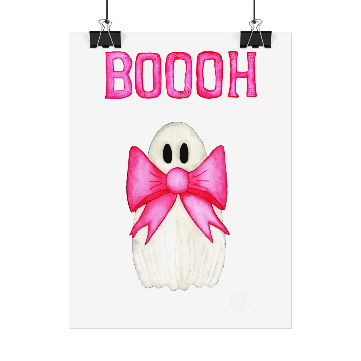 🎀 Boooh! – Cute ghost art print with pink bow | Print on Demand