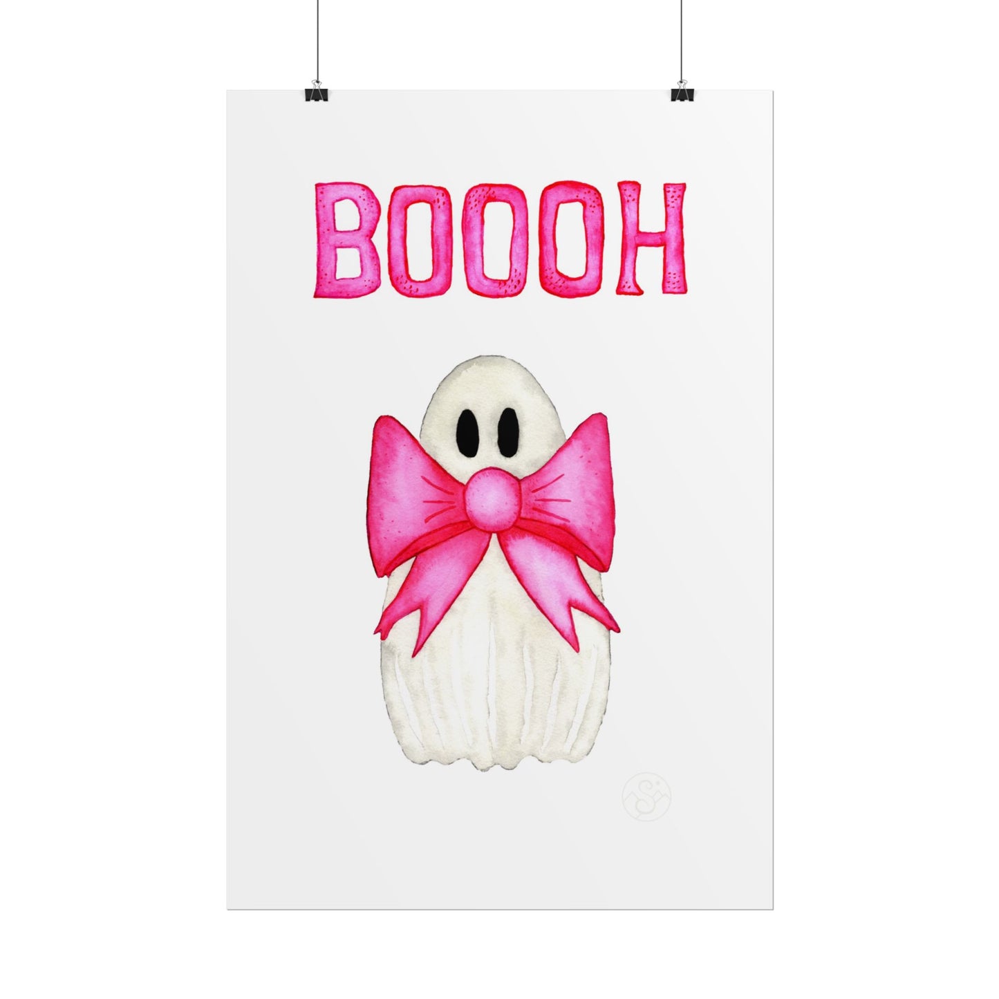 🎀 Boooh! – Cute ghost art print with pink bow | Print on Demand