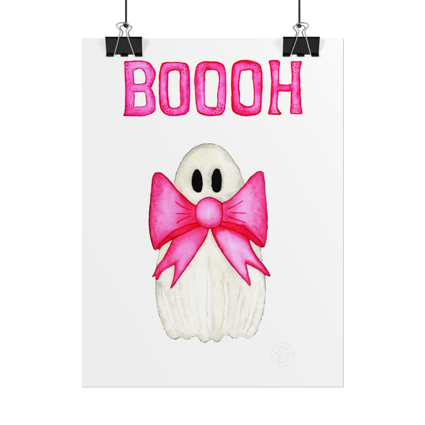 🎀 Boooh! – Cute ghost art print with pink bow | Print on Demand