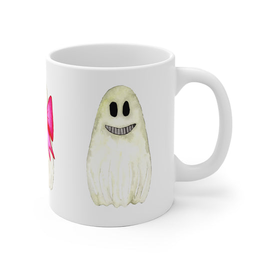 Süße Halloween Tasse | Keramiktasse Geist mit pinker Schleife | Geschenkidee Herbst | Spülmaschinenfest & mikrowellengeeignet