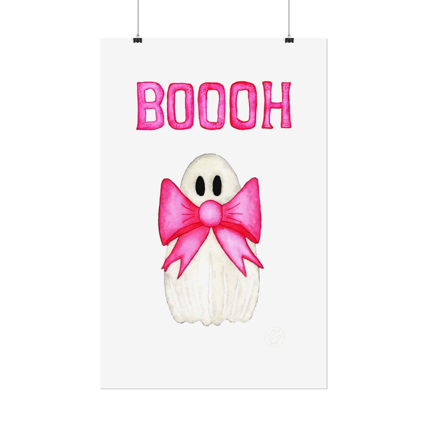 🎀 Boooh! – Cute ghost art print with pink bow | Print on Demand