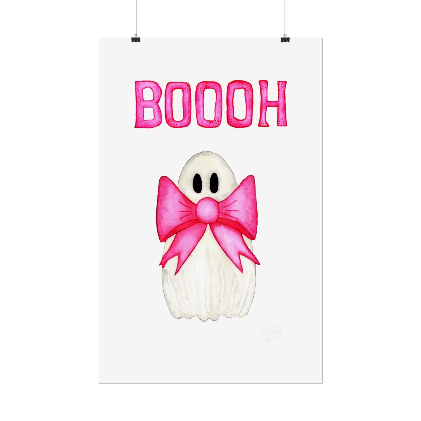 🎀 Boooh! – Cute ghost art print with pink bow | Print on Demand