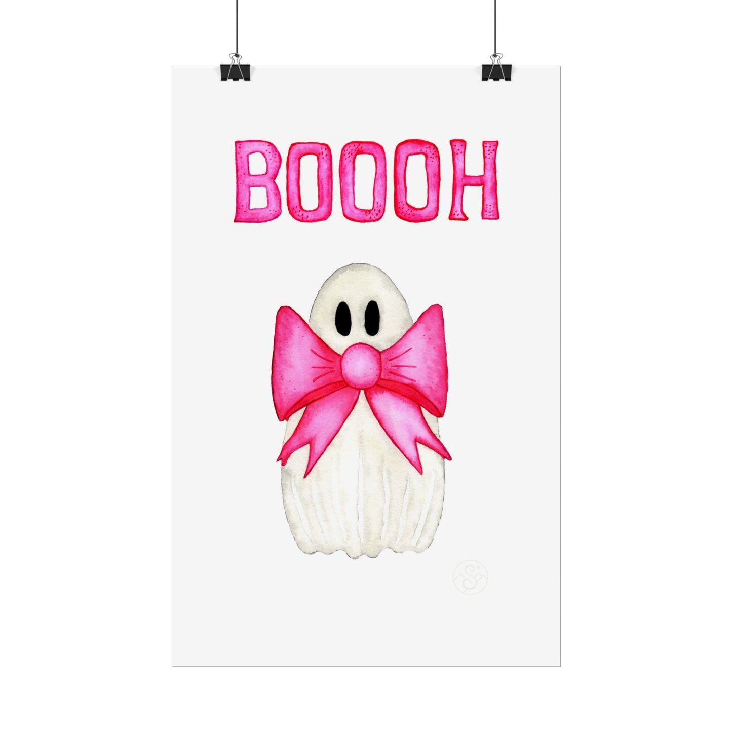 🎀 Boooh! – Cute ghost art print with pink bow | Print on Demand