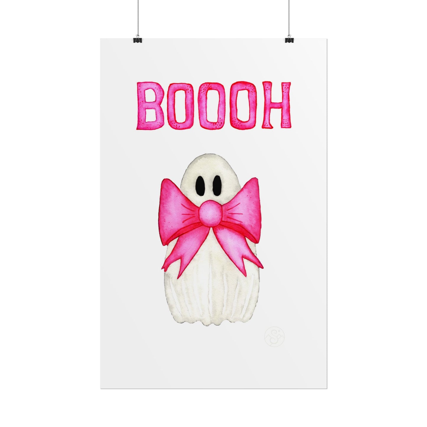 🎀 Boooh! – Cute ghost art print with pink bow | Print on Demand